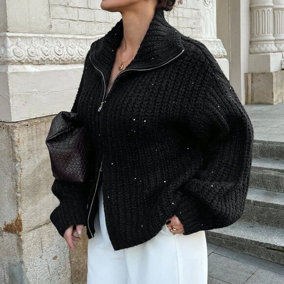 Black Casual Women's Loose Sequin Knit Sweater Jacket - Picture 3 of 5